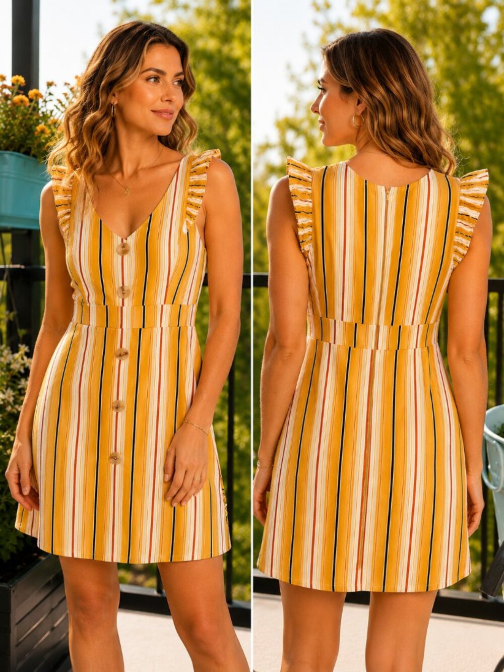 Pink Martini Striped Mini Dress – Yellow Button Front Summer Dress Medium